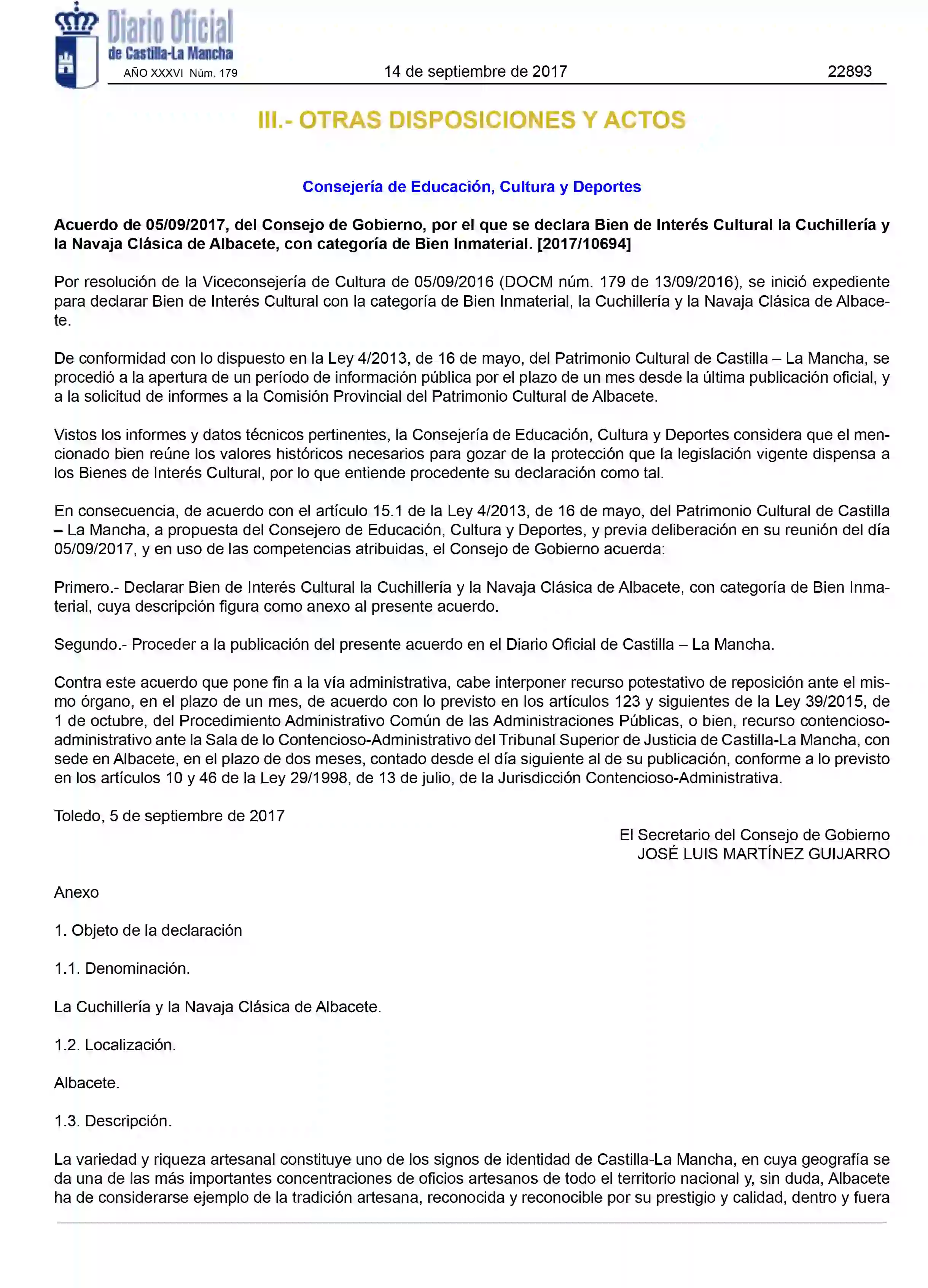 Official document published in the Diario Oficial de Castilla-La Mancha