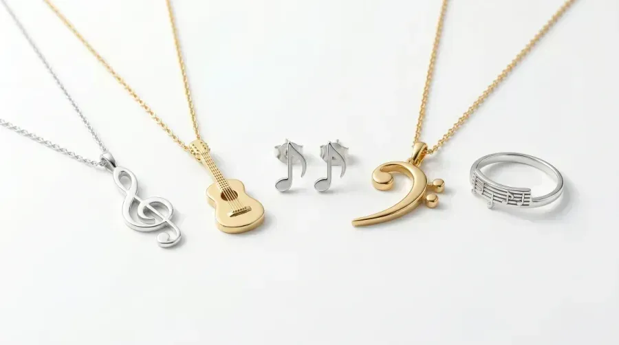 Musiksymbole im Schmuck: Violinschlussel, Gitarre, Noten