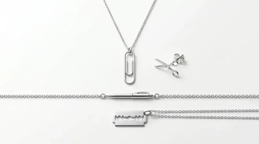 Buro-Schmuck und trockener Humor: Bueroklammern, Scheren, Stifte