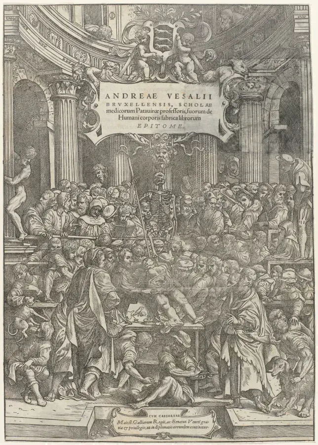 Titelblatt von De Humani Corporis Fabrica von Vesalius, 1543, anatomisches Theater