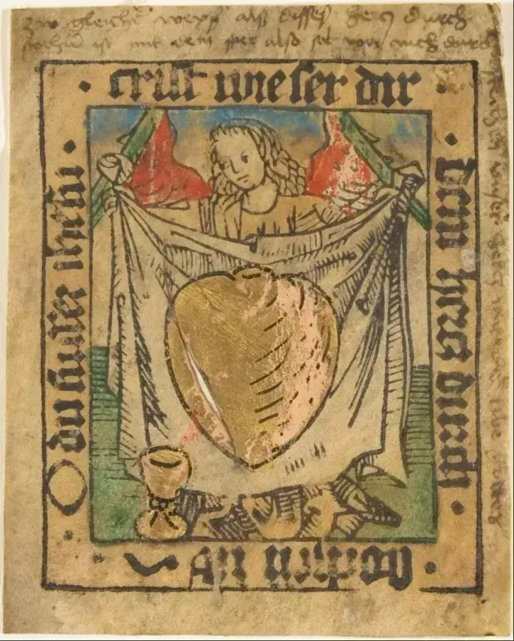 Das Heilige Herz auf einem Tuch, Engel, deutscher Holzschnitt um 1480-90