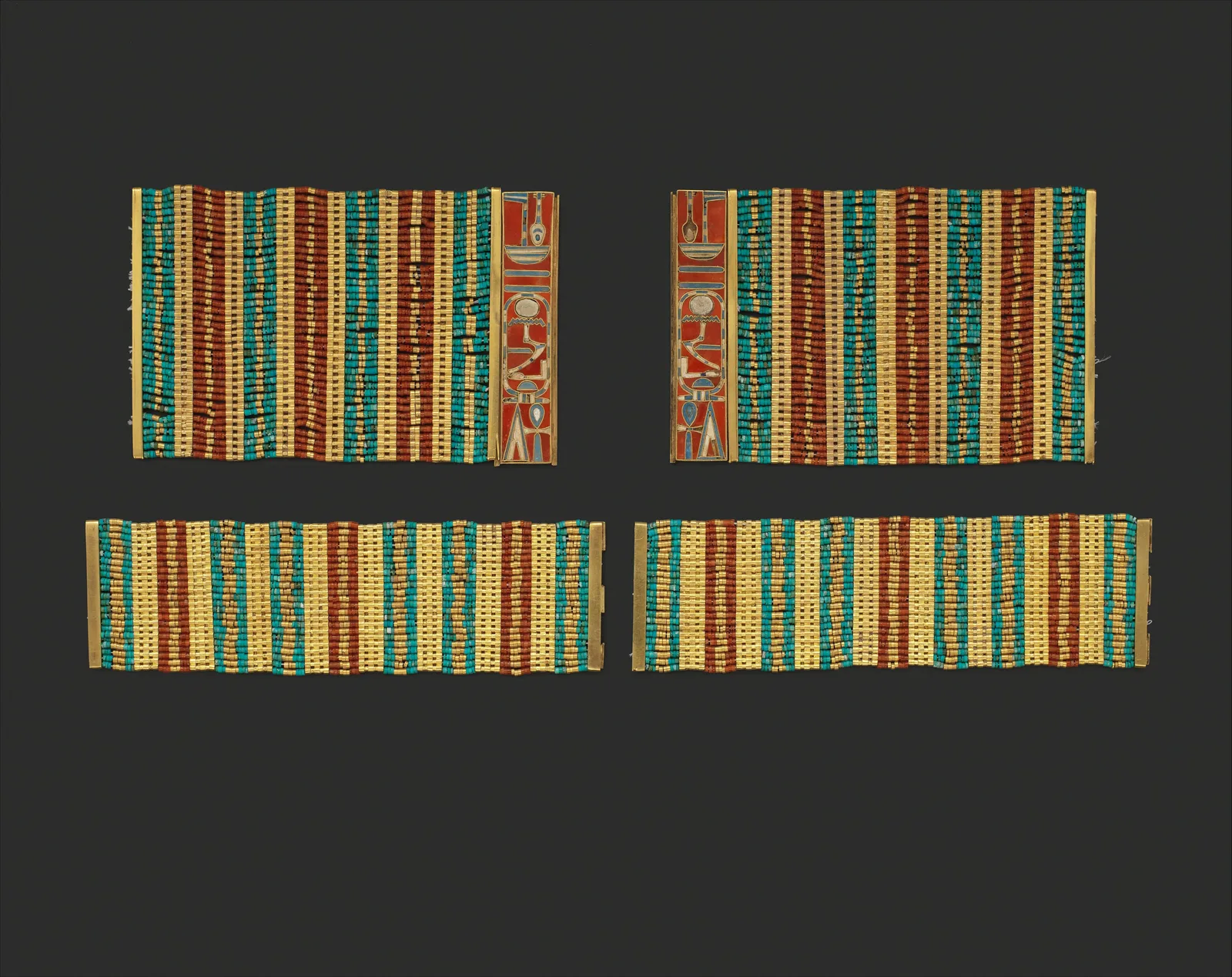 Wide gold ankle bracelet of the ancient Egyptian princess Sithathoryunet set with carnelian and turquoise