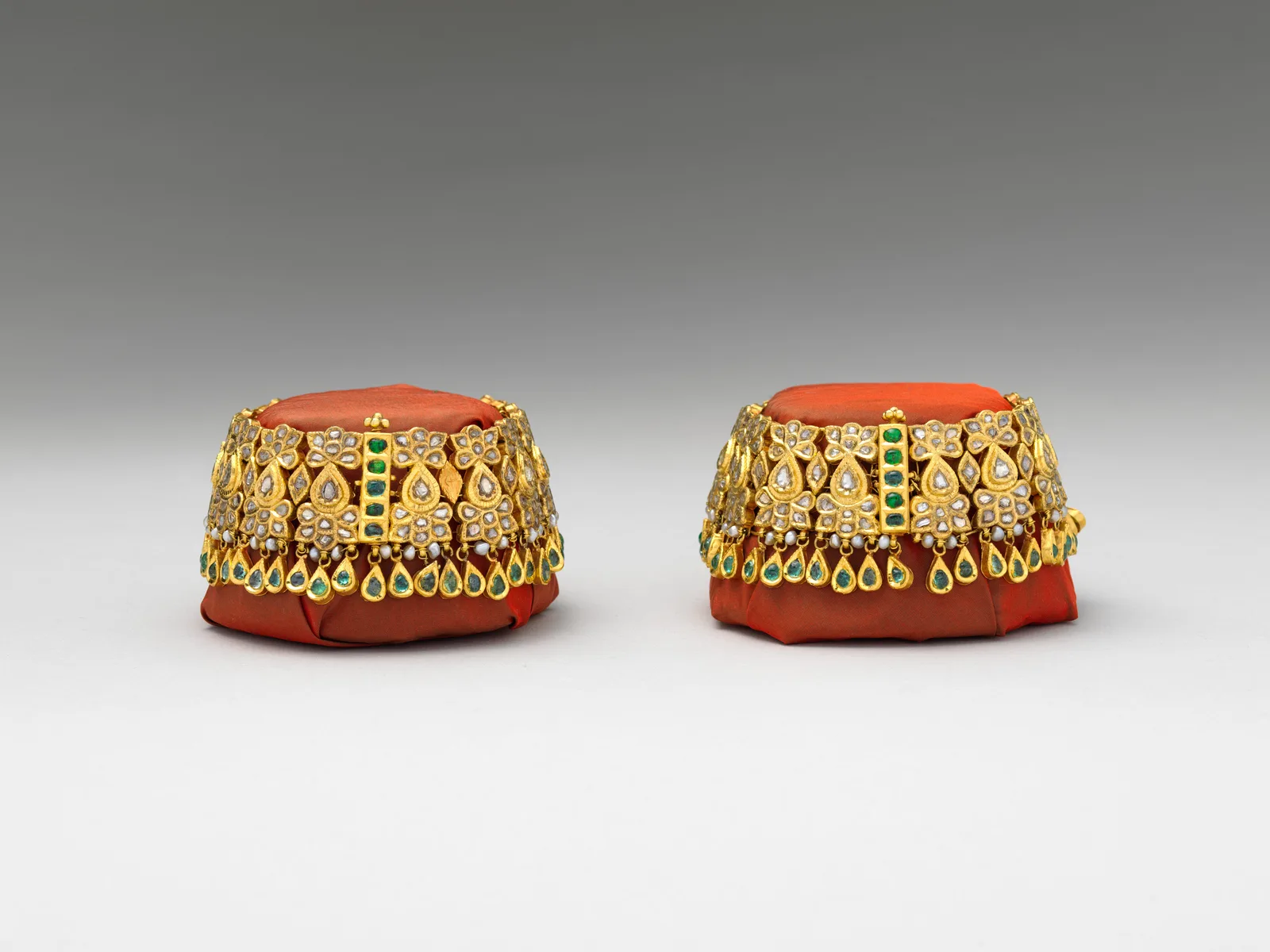 Pair of Indian payal anklets (paijeb) in gold set with precious stones
