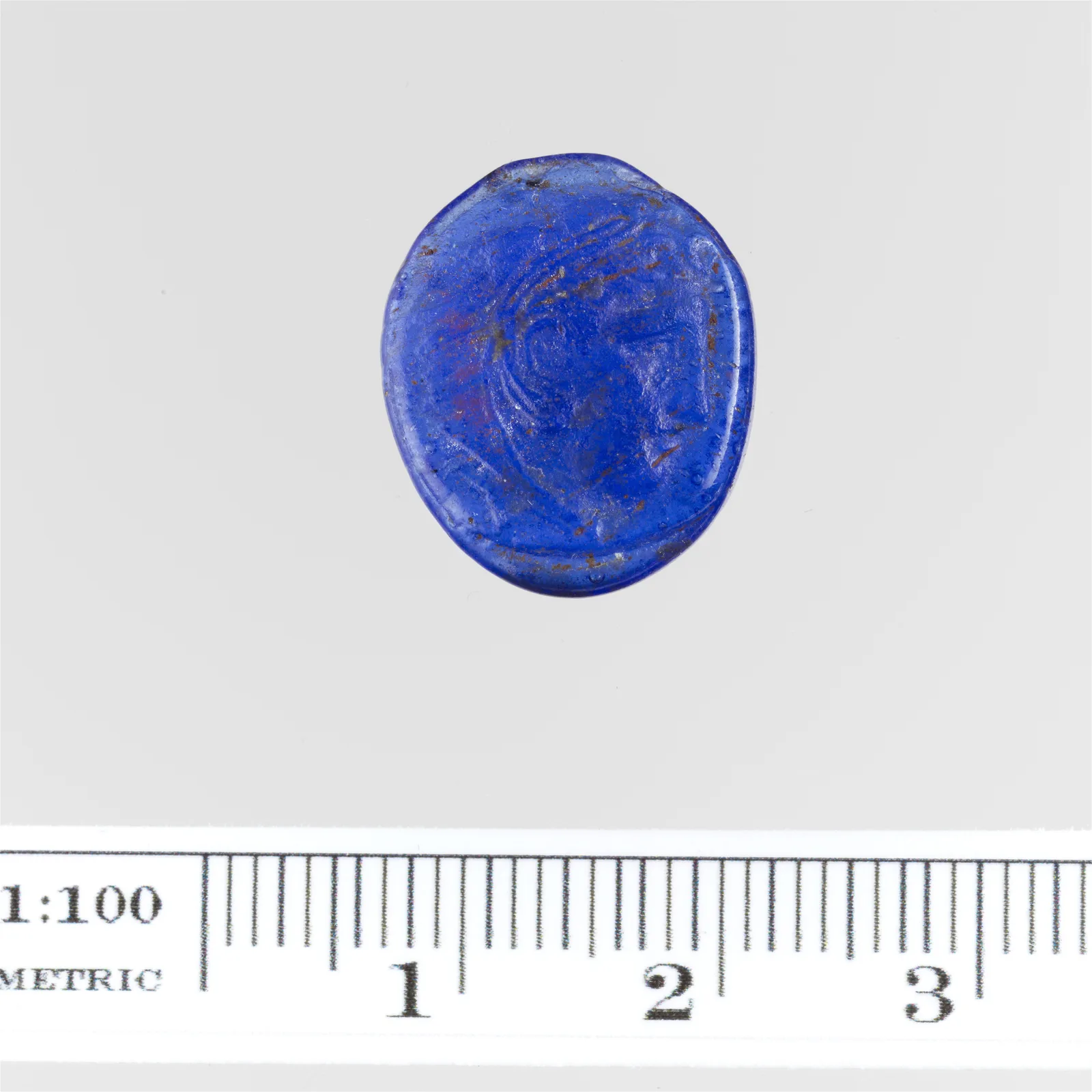 Antique glass cameo with the profile of Alexander the Great, blue glass, Rome