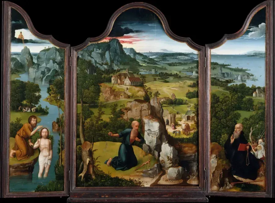 Paysage flamand de la Renaissance avec un ciel d'un bleu profond peint au pigment d'azurite