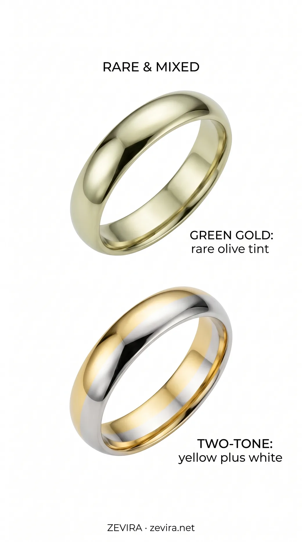 Anel de ouro verde e anel bicolor de ouro amarelo e branco