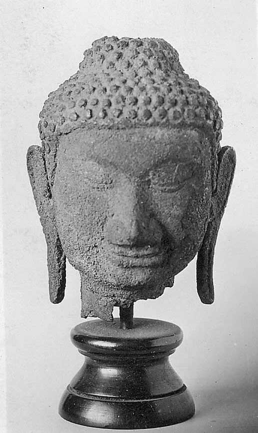 Tête de Bouddha en pierre aux paupières mi-closes, boucles en spirale et lobes allongés