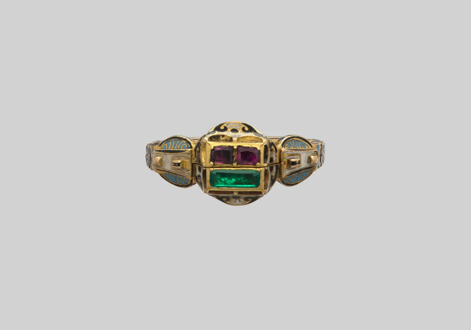 Gold gimmel ring with enamel, rubies and an emerald, second half of the sixteenth century