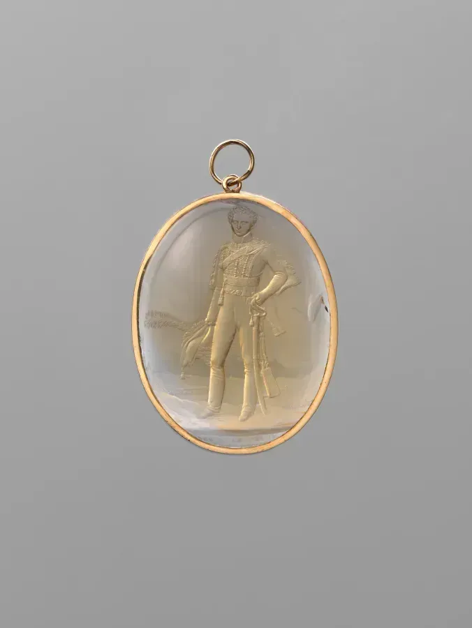In Citrin geschnittenes Porträt in goldener Anhängerfassung, Italien, 1820
