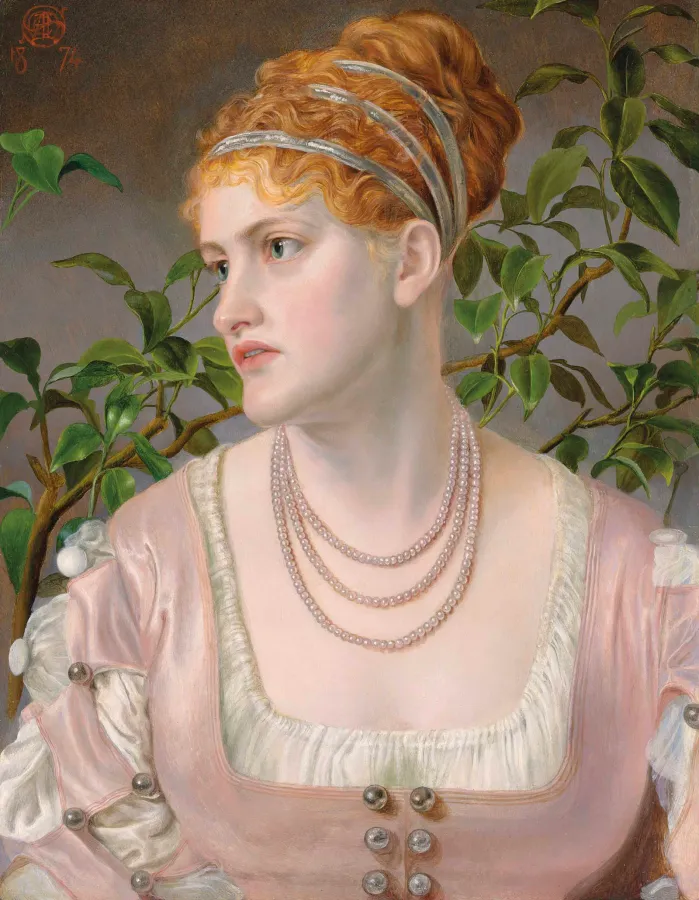 Portrait of a Victorian woman with a pearl choker necklace, 1874