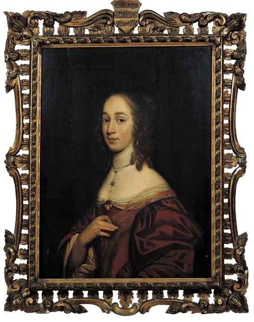 Portrait of a 17th-century noblewoman wearing a short pearl necklace with open shoulders
