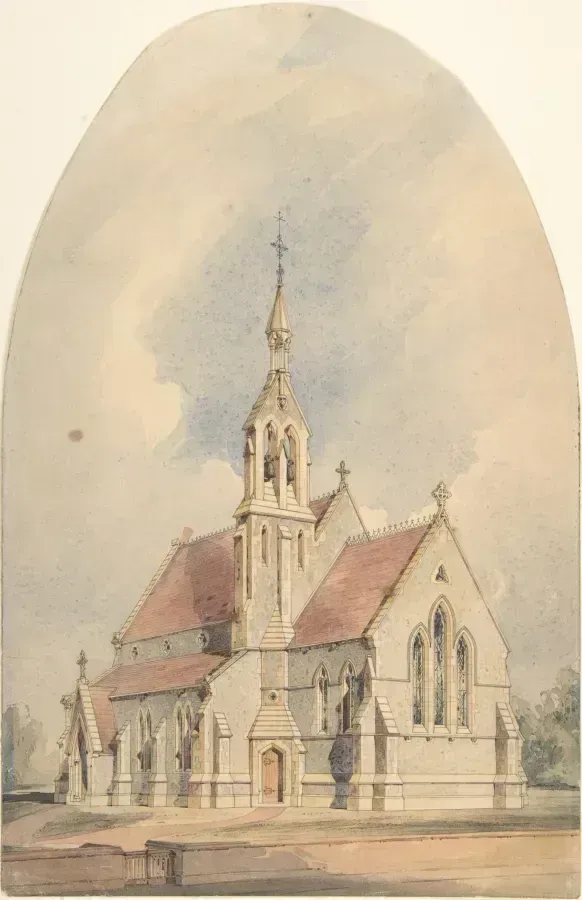 Aquarell einer viktorianischen neugotischen Kirche, 1850-1870