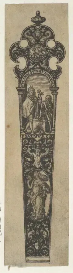 Stich eines Messergriffs mit Memento-Mori-Schadel von Johann Theodor de Bry, 1580-1600