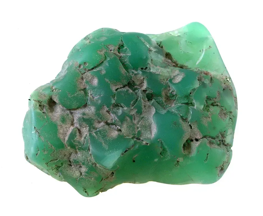 Campione naturale di crisoprasio di colore verde mela, varietà semitrasparente di calcedonio.