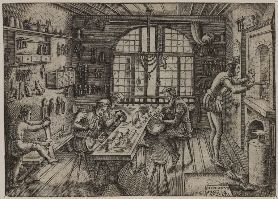 Etienne Delaune engraving, 1576: a goldsmiths' workshop with workbench, forge and drawbench