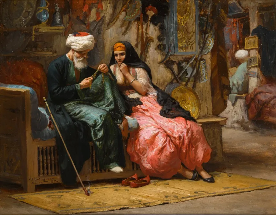 A precious jewel - Frederick Arthur Bridgman's 1874 oil painting depicting a woman admiring fine jewelry