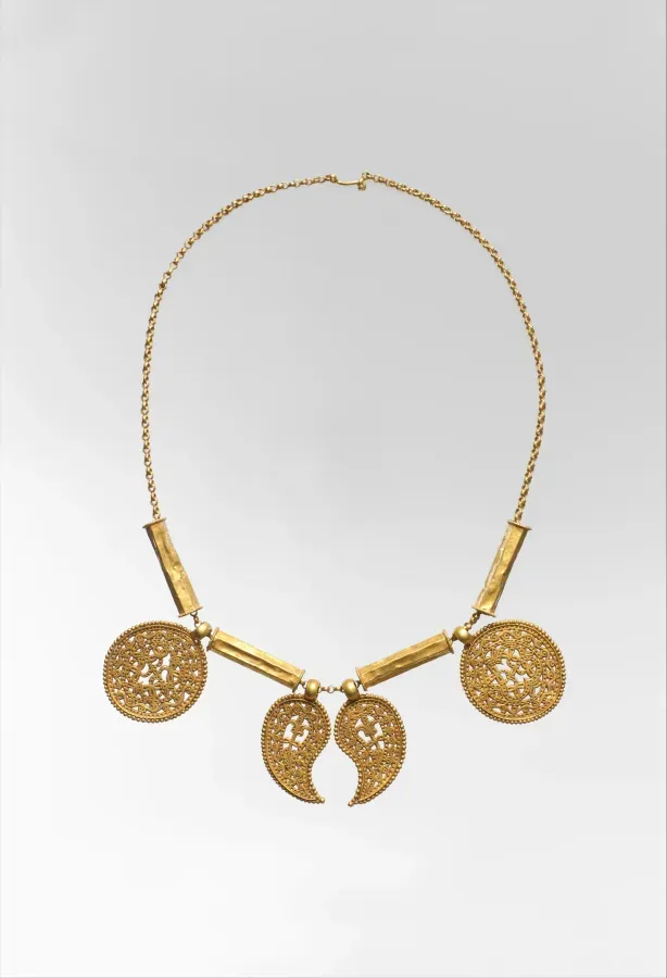 Byzantine gold necklace with round medallion pendants on a chain
