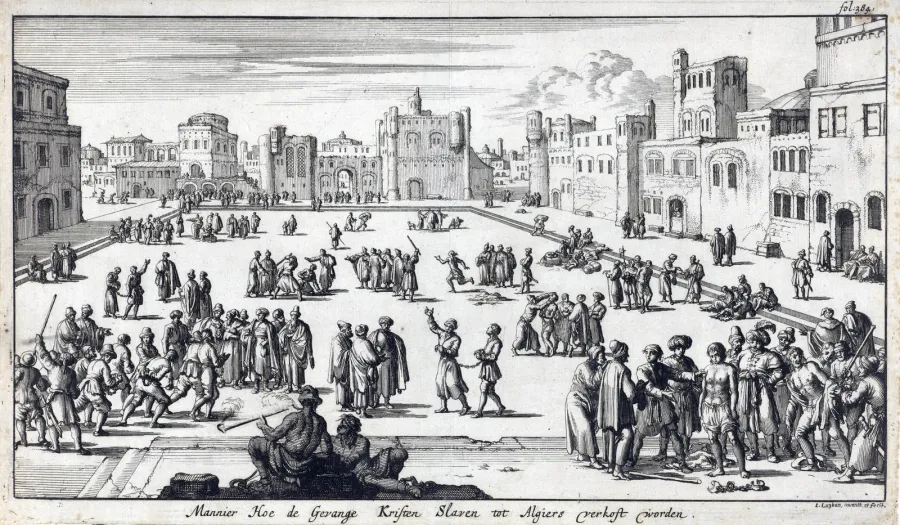 Гравюра 1684 года: христианских пленников продают в рабство на площади в Алжире