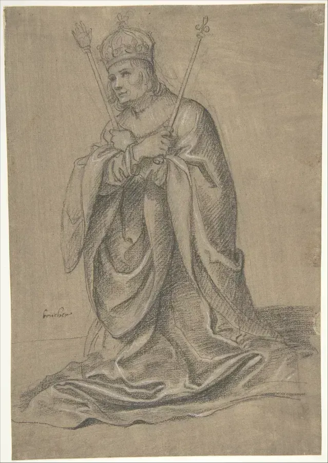 Drawing by Jean Boucher: a kneeling king of France in a crown, holding the scepters of royal authority