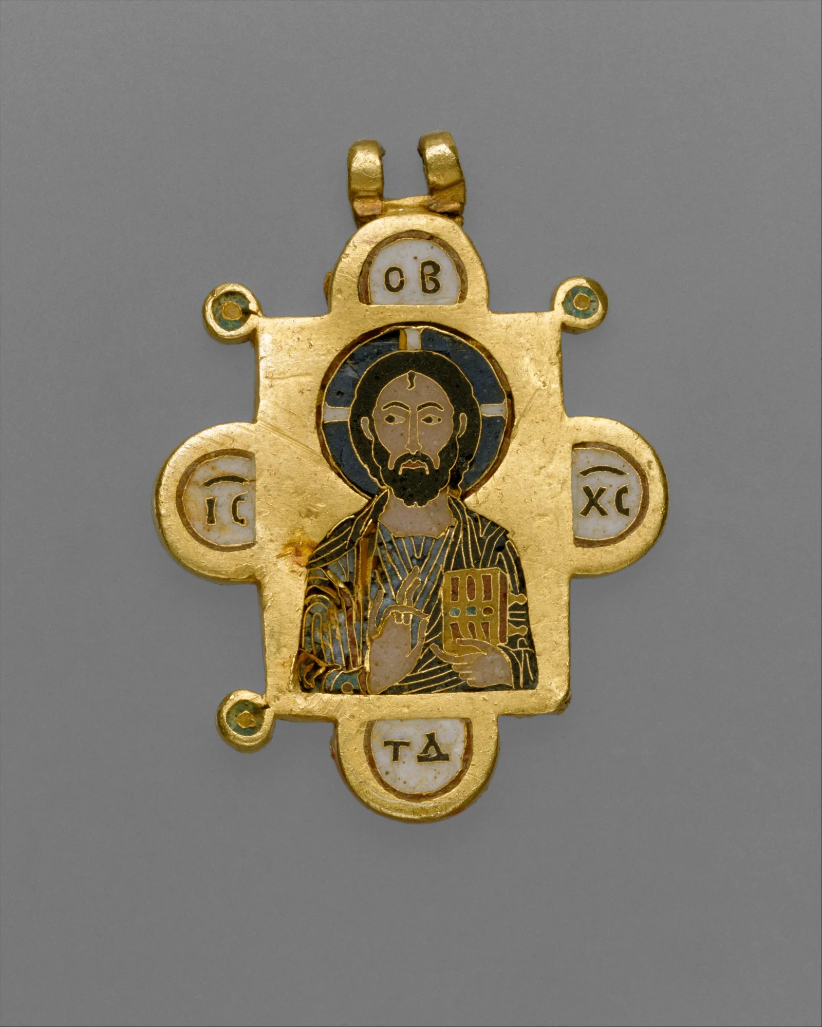 Zweiseitiges getragenes Bildmedaillon aus Gold mit Zellenschmelz: Gottesmutter und Christus Pantokrator, Byzanz, um 1100