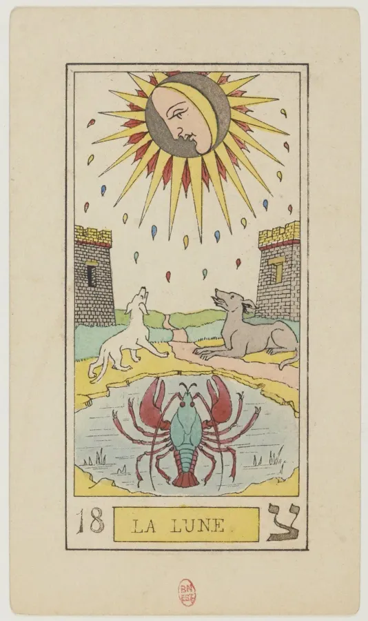 Карта Луны из колоды Oswald Wirth 1889 года с классической марсельской иконографией: лунный диск с лицом, животные, башни и вода