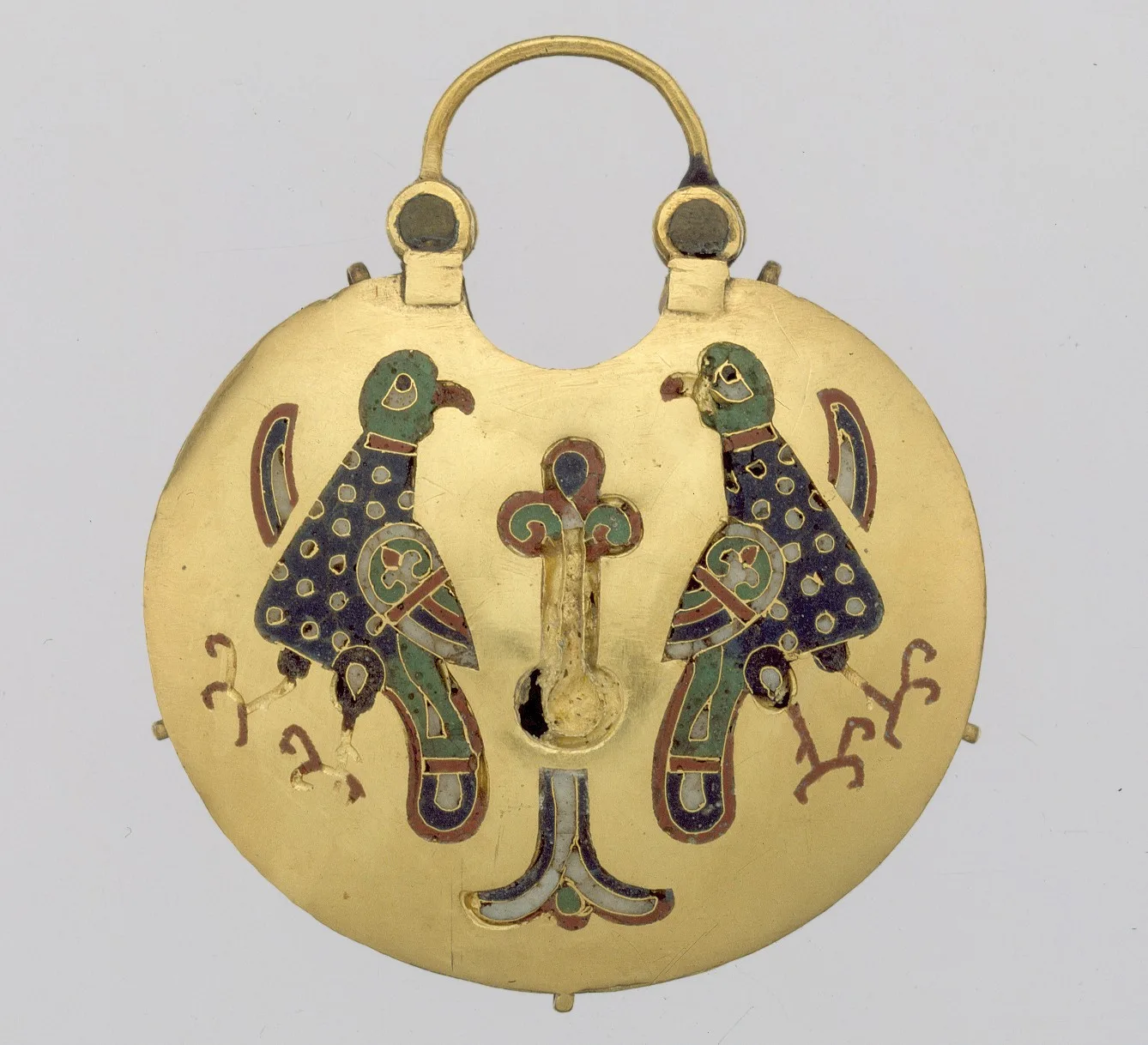 Temple pendant with two birds flanking a tree of life, gold and cloisonne enamel, medieval Rus 11th to 12th century