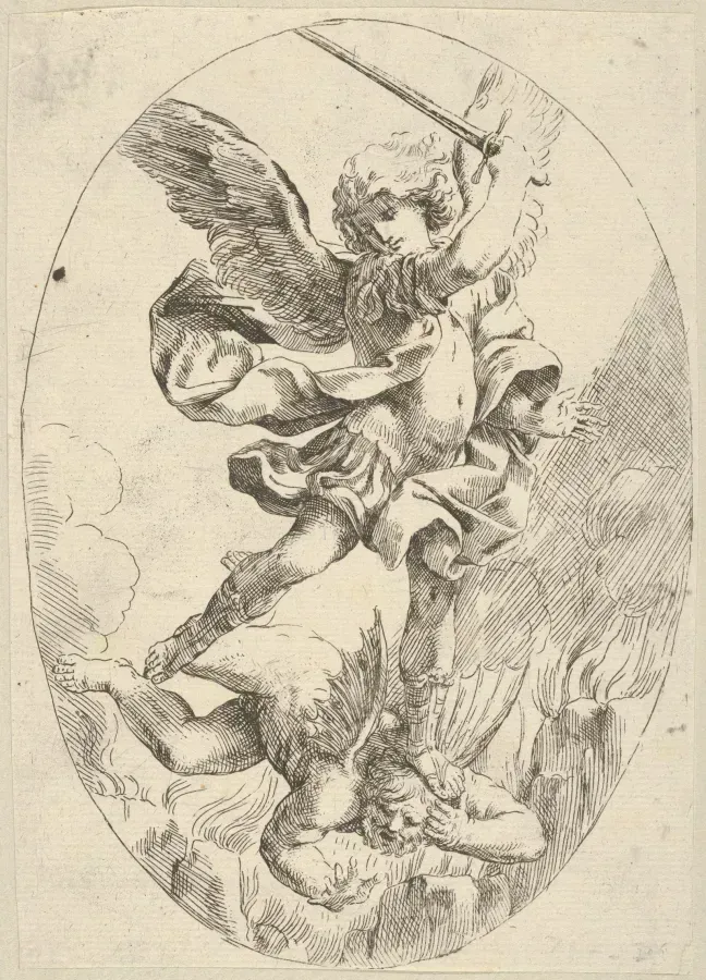 Arcangelo Michele con la spada alzata schiaccia il drago, da Guido Reni