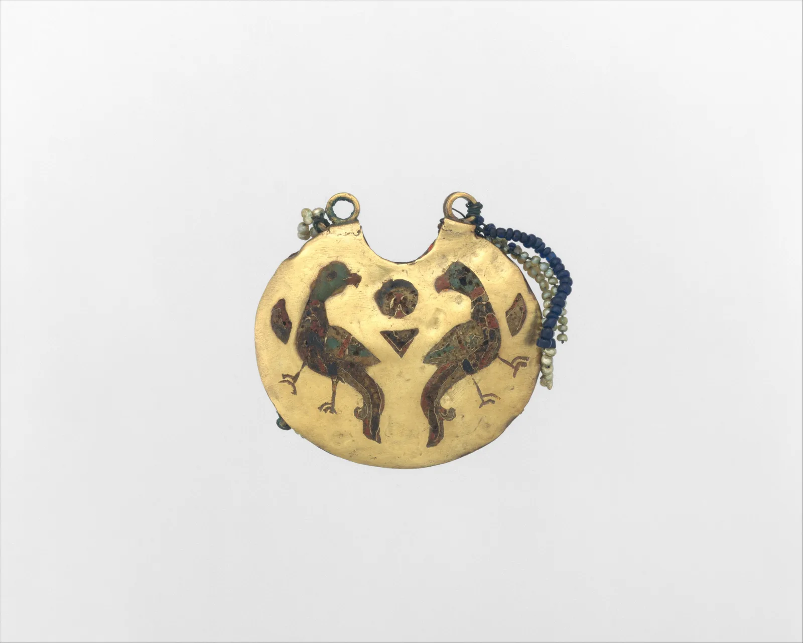 Temple pendant of Kievan Rus in electrum with cloisonné enamel and freshwater pearl drops