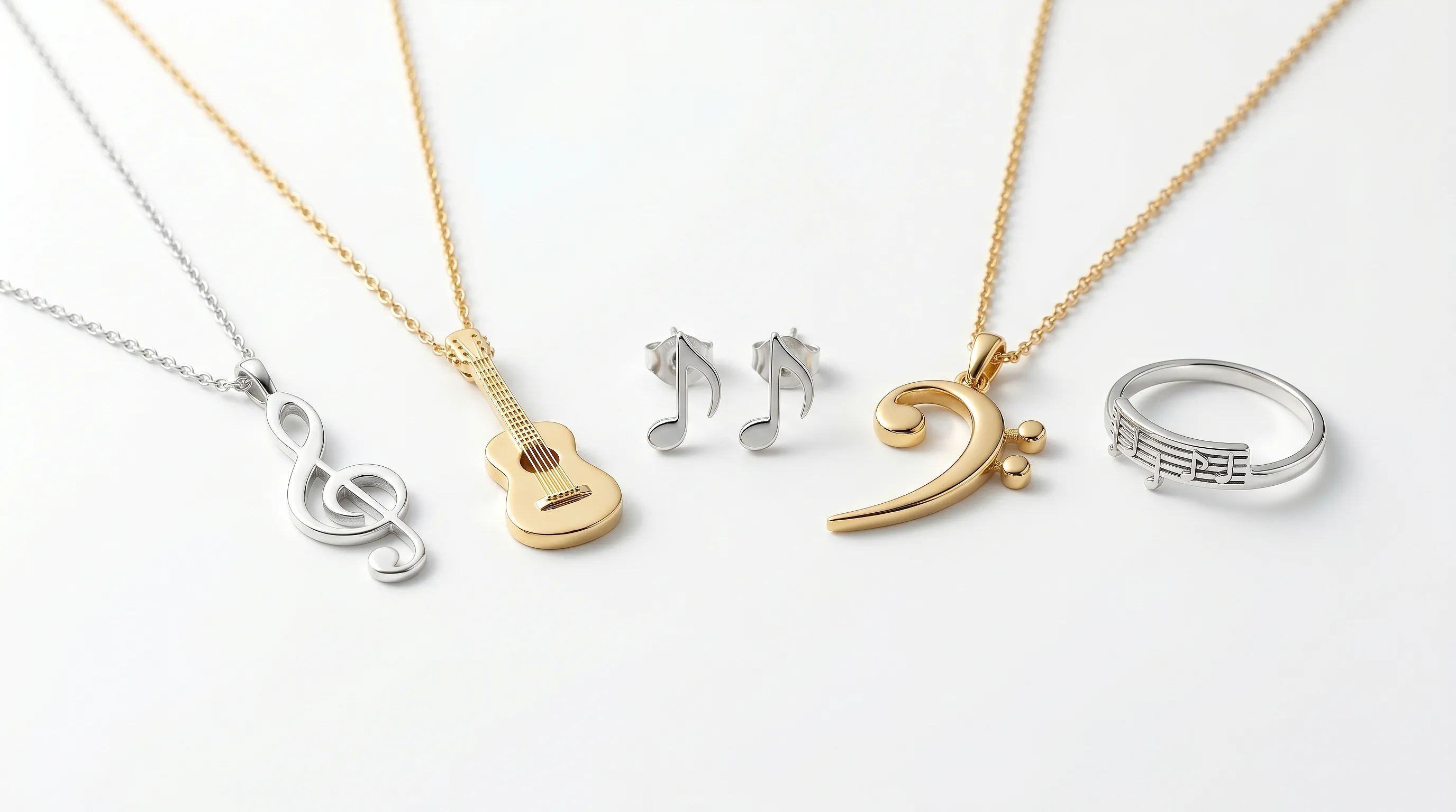 Музыкальные символы в украшениях: скрипичный ключ, гитара, ноты