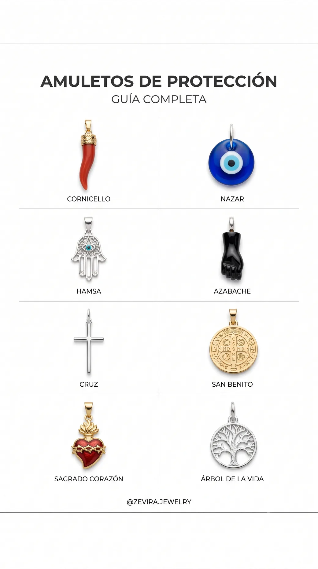 Guía de amuletos de protección: cornicello, nazar, hamsa, azabache, cruz, San Benito, sagrado corazón, árbol de la vida