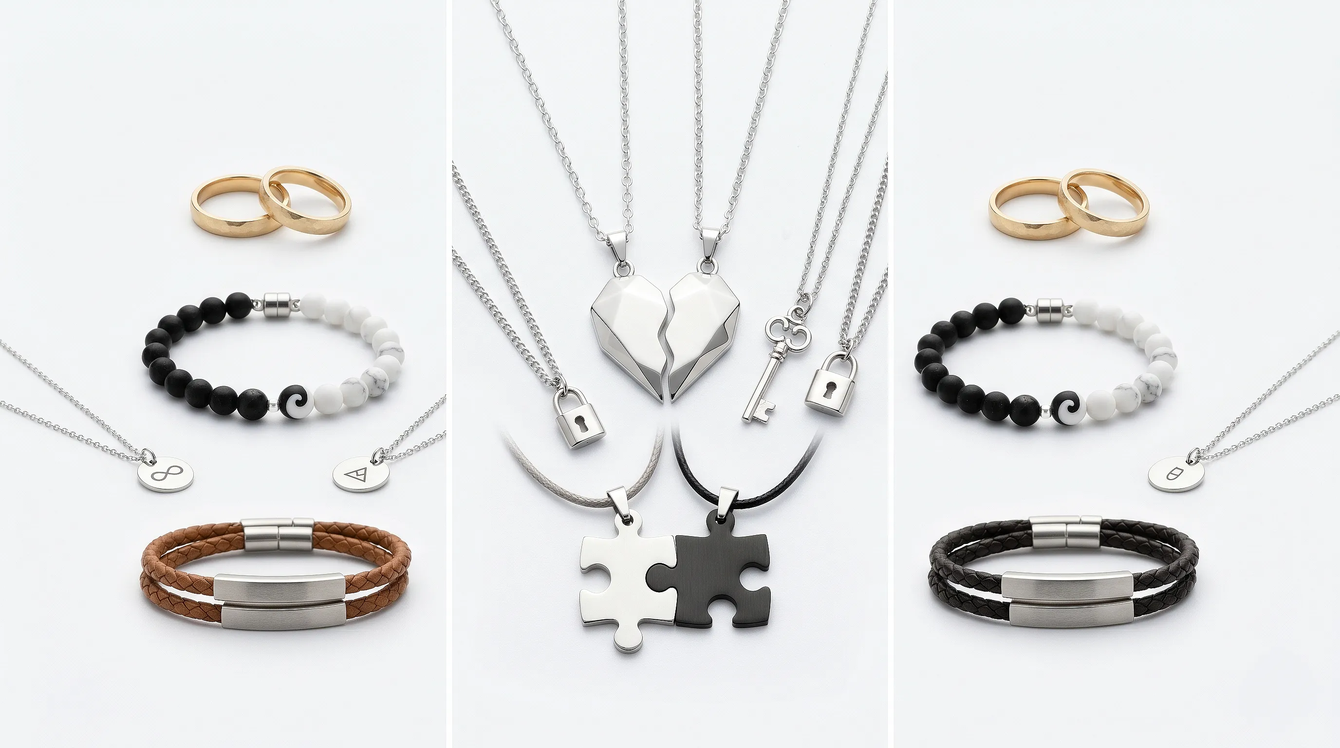 Bijoux en paire : moitiés de cœur, clé et cadenas, puzzles, yin-yang, soleil-lune, coordonnées
