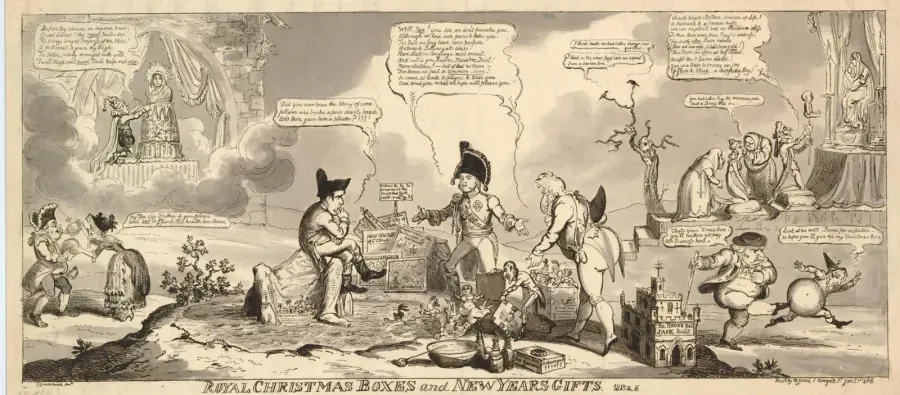 Сатирическая гравюра 1816 года, изображающая церемонию дарения рождественских подарков высокопоставленными лицами