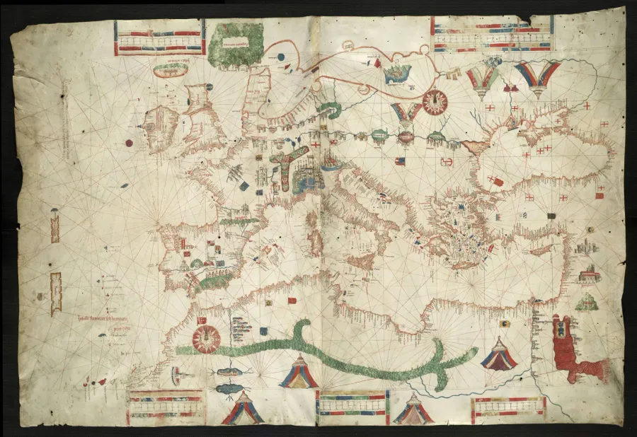 Портоланная карта Альбино де Канепа 1489 года с несколькими розами ветров и сетью румбовых линий