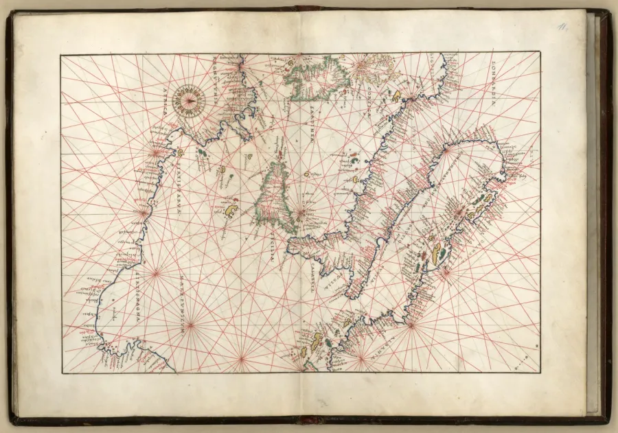 Лист из портоланного атласа Баттисты Аньезе 1544 года с розой ветров и сетью румбовых линий