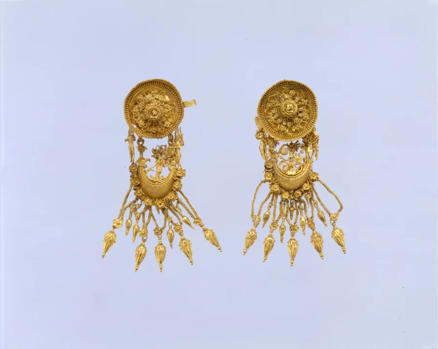 Pair of ancient Greek drop earrings with disk and boat-shaped pendant