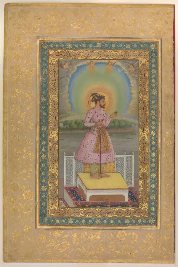 L'empereur Shah Jahan tenant un pendentif serti de gemmes, miniature de l'Album de Shah Jahan de l'époque moghole