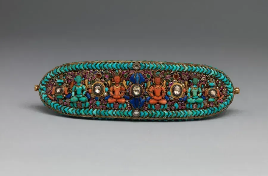 Himalayan forehead ornament for a deity statue: openwork gold diadem set with blue lapis lazuli, turquoise, coral and pearls, worn on the brow in the third-eye zone