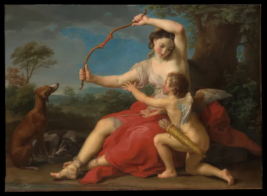 Diana the huntress and Cupid with a bow and arrows in an 18th-century painting