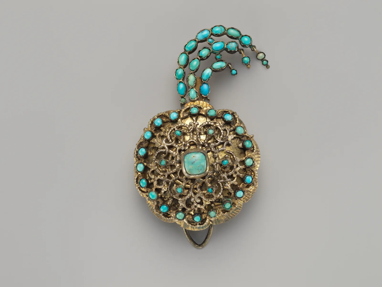 Ornement de turban ottoman en argent doré, filigrane et incrustations de turquoise, XIXe siècle