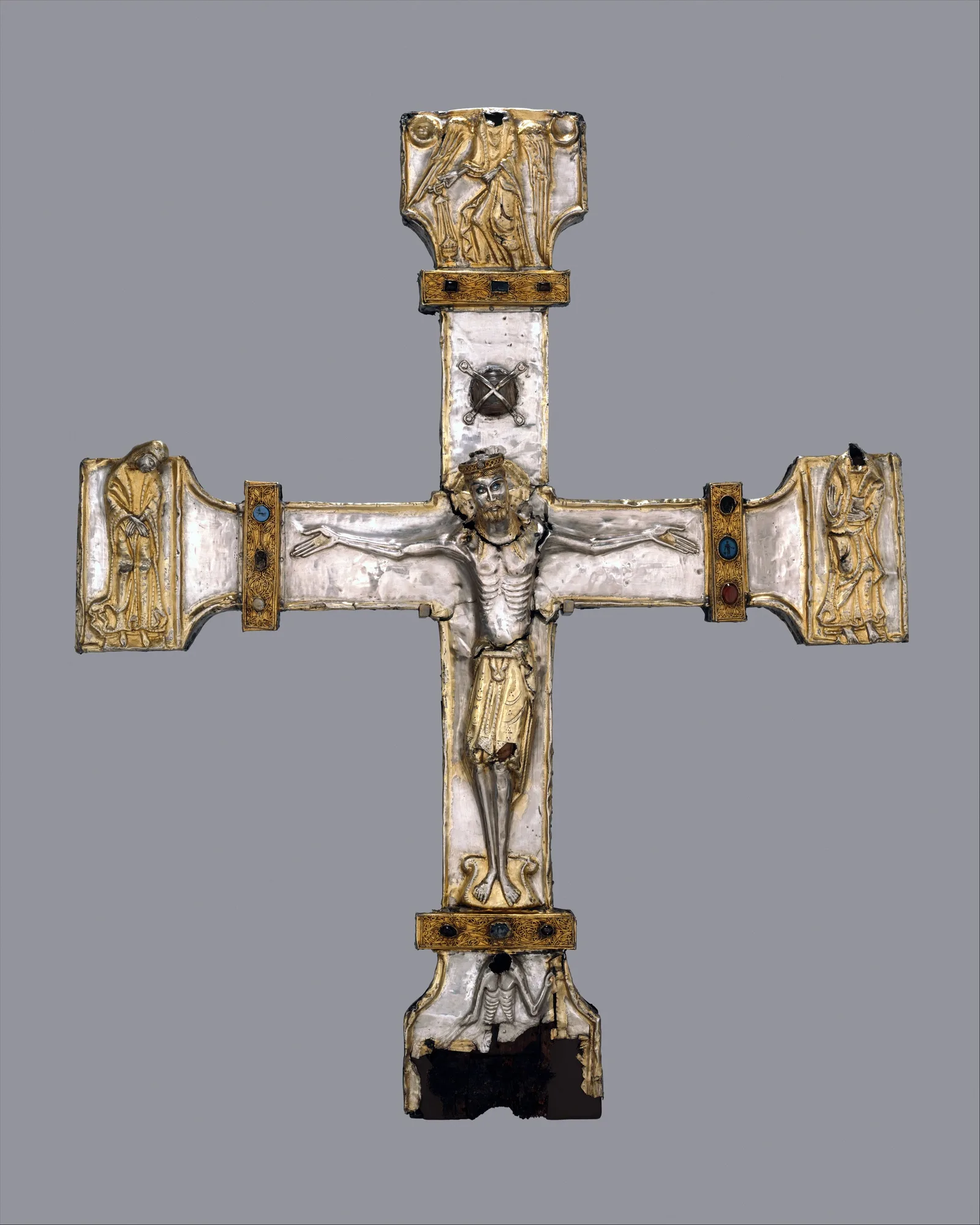 Twelfth-century Spanish processional cross of gilded silver with pearls and gemstones
