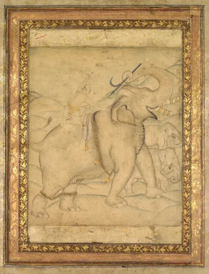 Mogulkaiser Jahangir auf einem Elefanten mit Perlenketten, indische Miniatur, 17. Jh.