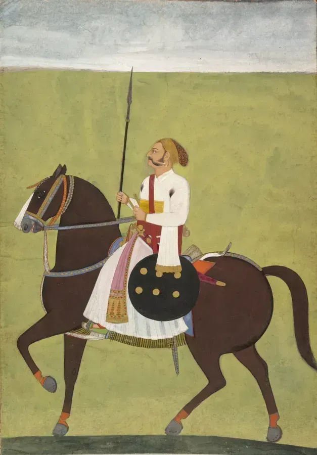 Rajputischer Edelmann zu Pferd mit Perlenkette, Miniatur aus Jodhpur um 1720