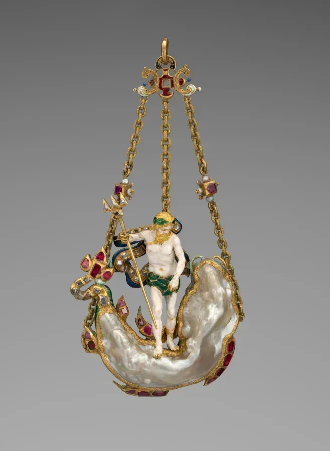 Anhänger in Gestalt Neptuns und eines Seeungeheuers: der Körper der Figur besteht aus einer großen barocken Perle unregelmäßiger Form, die Fassung aus emailliertem Gold mit Rubinen und Diamanten, Anfang des 17. Jahrhunderts